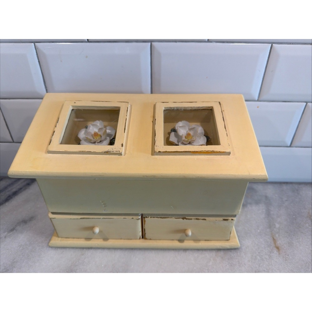Vintage Yellow Wood Box/organizer/jewelry With Flowers ILA001
